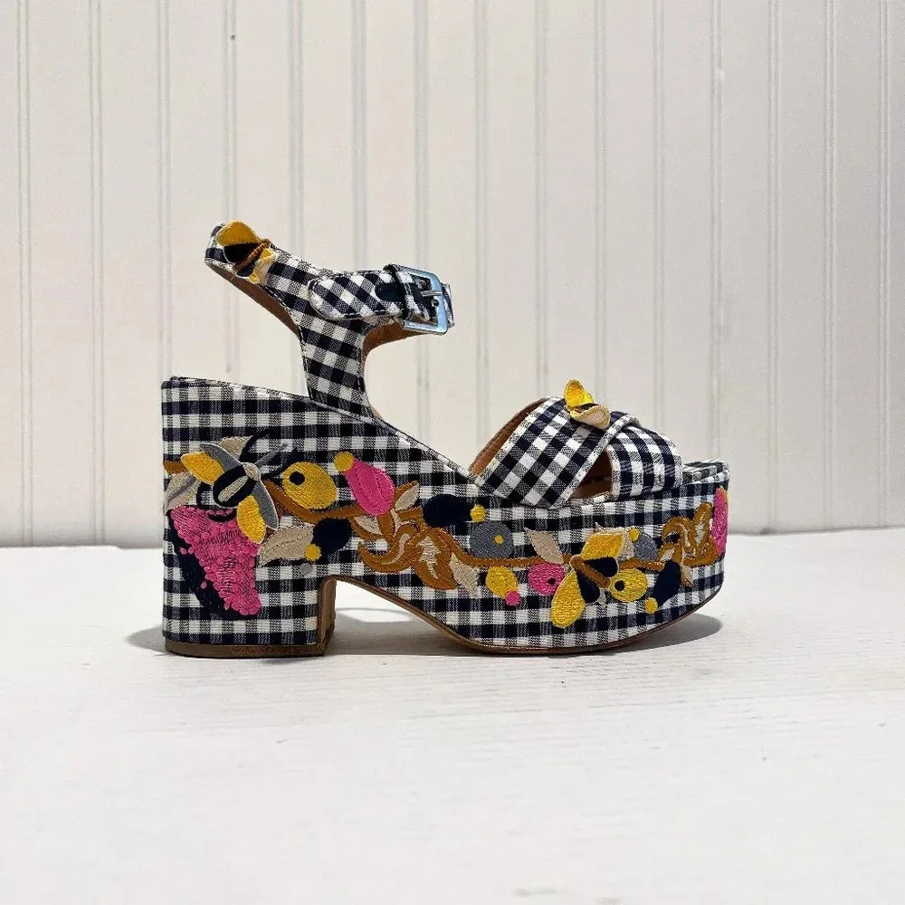 Laurence Dacade Helissa Navy Gingham Floral Embroidered Preppy Wedge Heels 39 - Picture 2 of 10